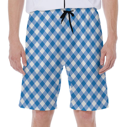 Steel Blue And White Gingham Print Men's Beach Shorts