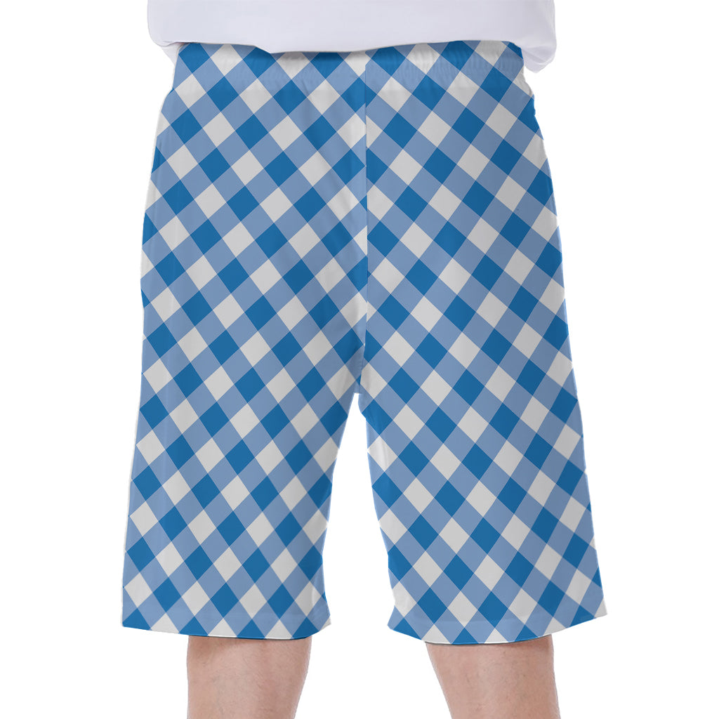 Steel Blue And White Gingham Print Men's Beach Shorts