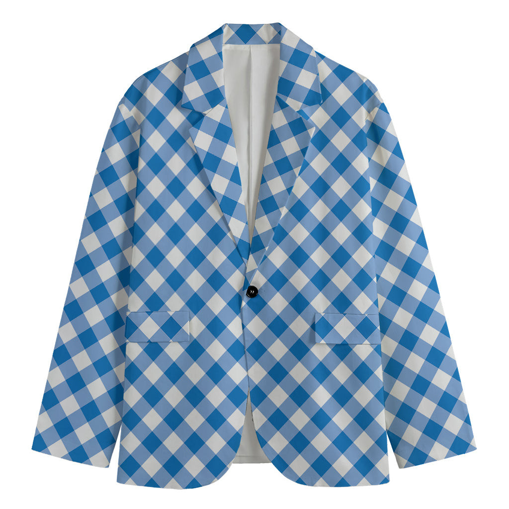 Steel Blue And White Gingham Print Men's Blazer