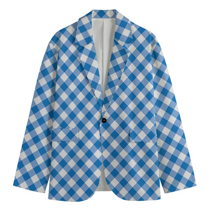 Steel Blue And White Gingham Print Men's Blazer