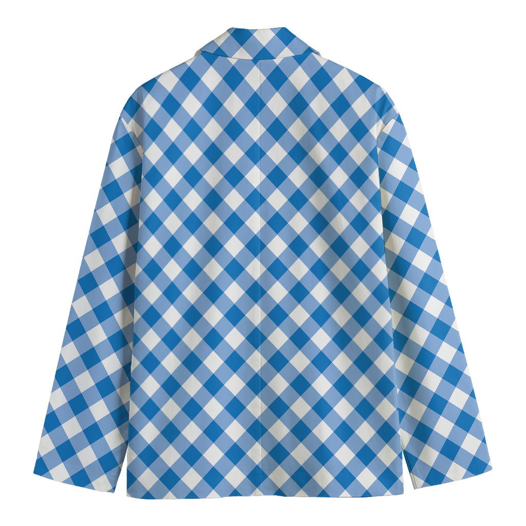Steel Blue And White Gingham Print Men's Blazer