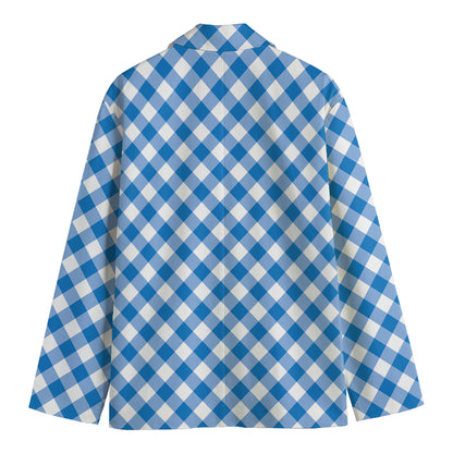 Steel Blue And White Gingham Print Men's Blazer
