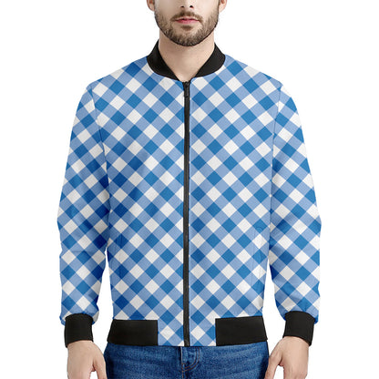 Steel Blue And White Gingham Print Men's Bomber Jacket