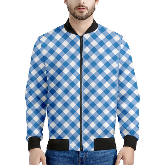 Steel Blue And White Gingham Print Men's Bomber Jacket