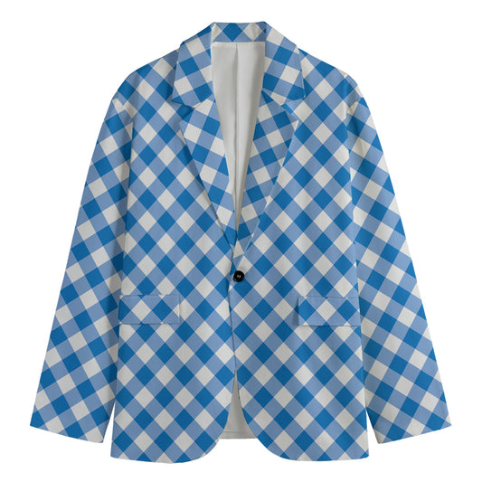 Steel Blue And White Gingham Print Men's Cotton Blazer