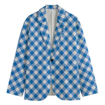Steel Blue And White Gingham Print Men's Cotton Blazer