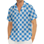 Steel Blue And White Gingham Print Men's Deep V-Neck Shirt