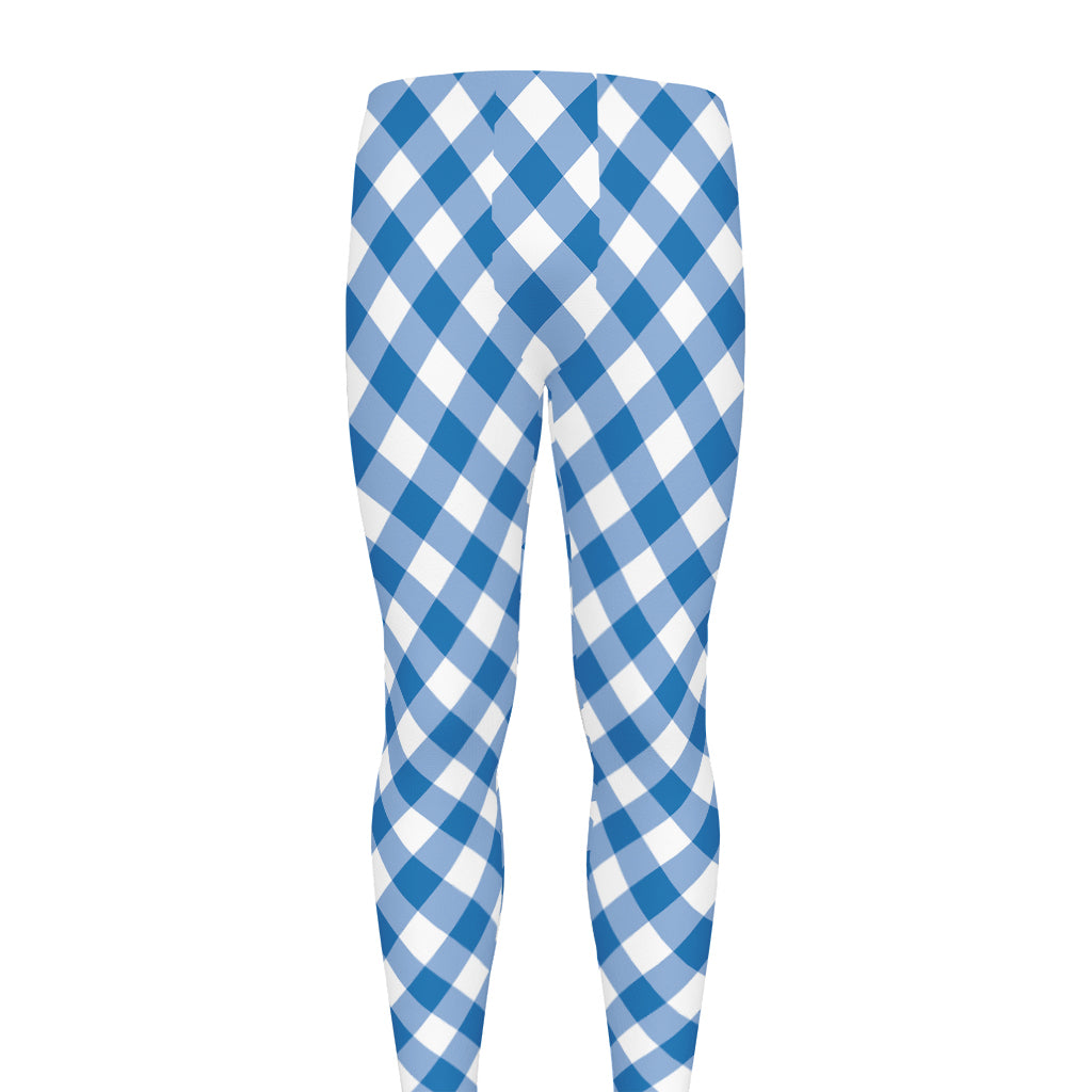 Steel Blue And White Gingham Print Men's leggings