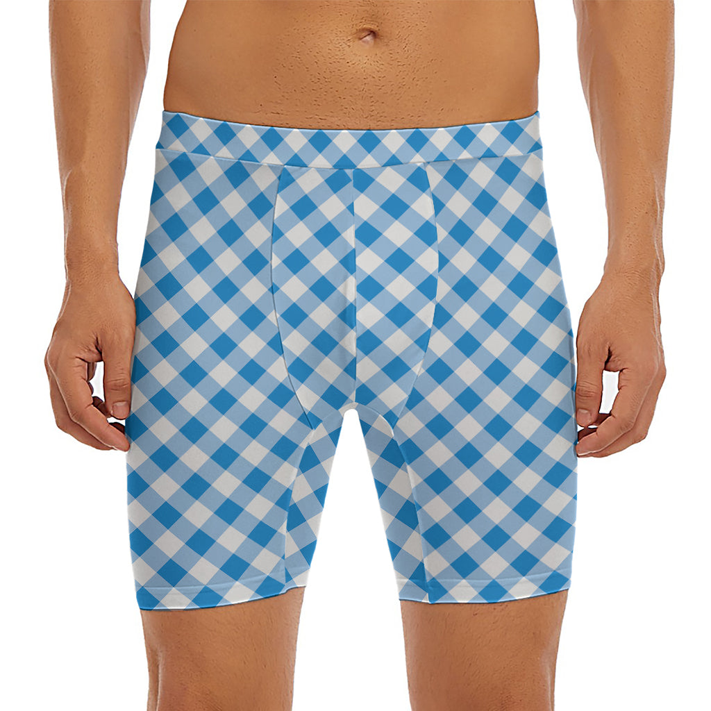 Steel Blue And White Gingham Print Men's Long Boxer Briefs