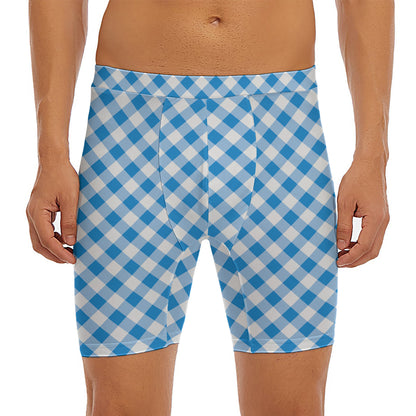 Steel Blue And White Gingham Print Men's Long Boxer Briefs