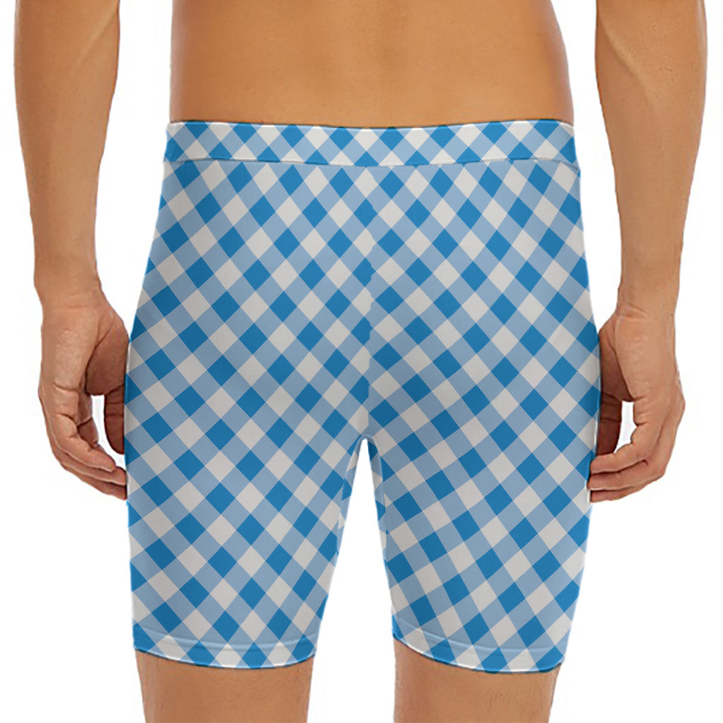 Steel Blue And White Gingham Print Men's Long Boxer Briefs