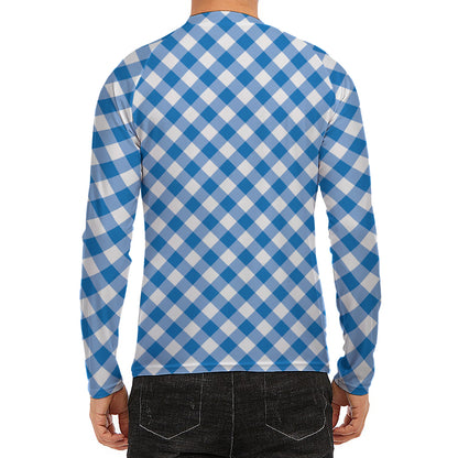 Steel Blue And White Gingham Print Men's Long Sleeve Rash Guard