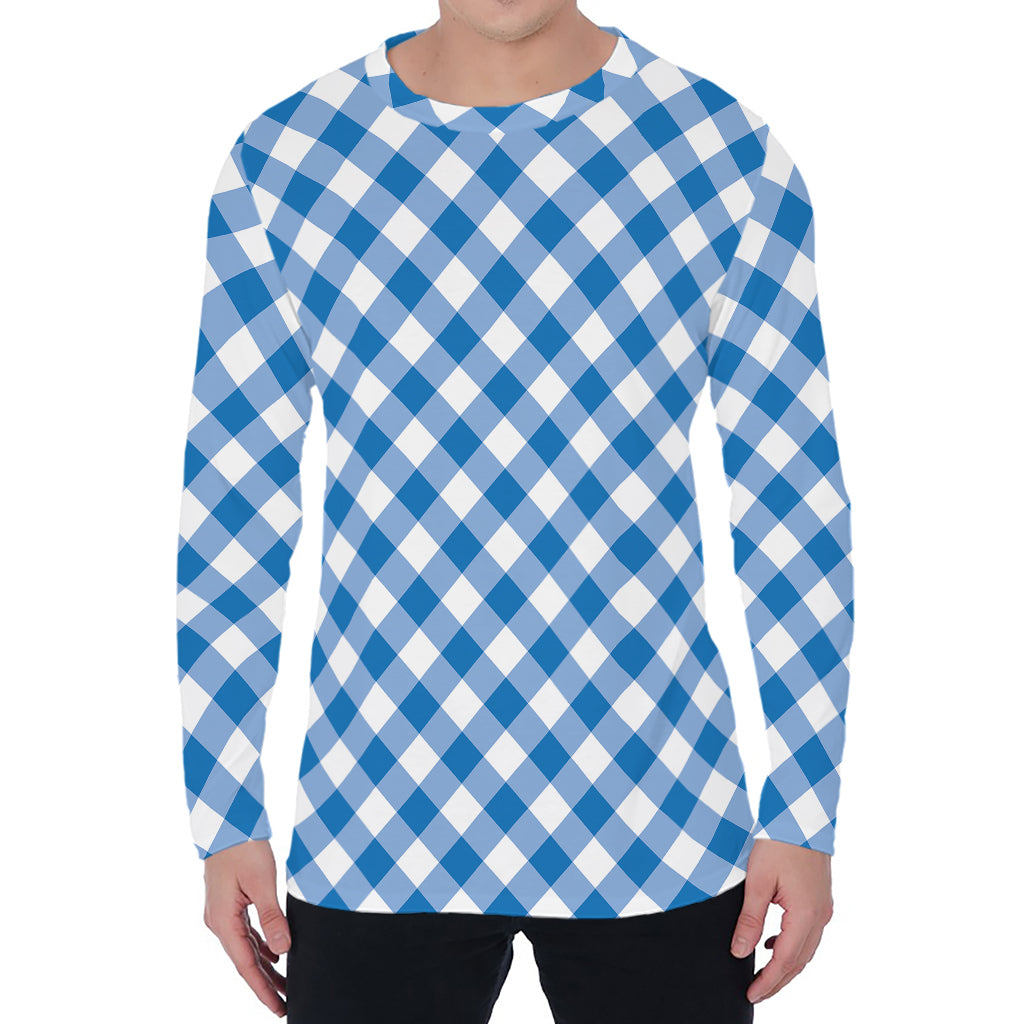 Steel Blue And White Gingham Print Men's Long Sleeve T-Shirt