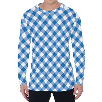 Steel Blue And White Gingham Print Men's Long Sleeve T-Shirt