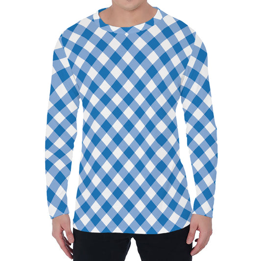 Steel Blue And White Gingham Print Men's Long Sleeve T-Shirt