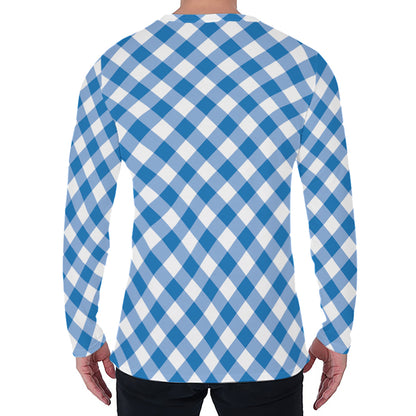 Steel Blue And White Gingham Print Men's Long Sleeve T-Shirt