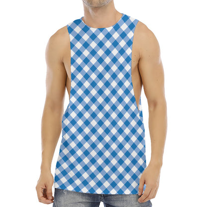 Steel Blue And White Gingham Print Men's Muscle Tank Top