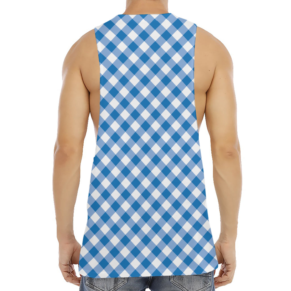 Steel Blue And White Gingham Print Men's Muscle Tank Top