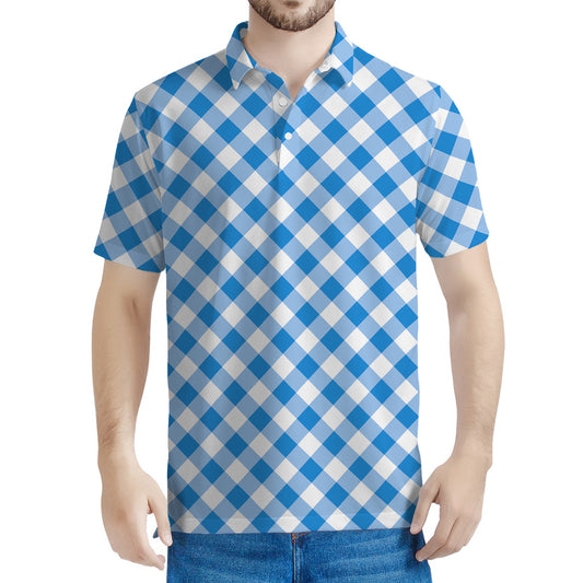 Steel Blue And White Gingham Print Men's Polo Shirt