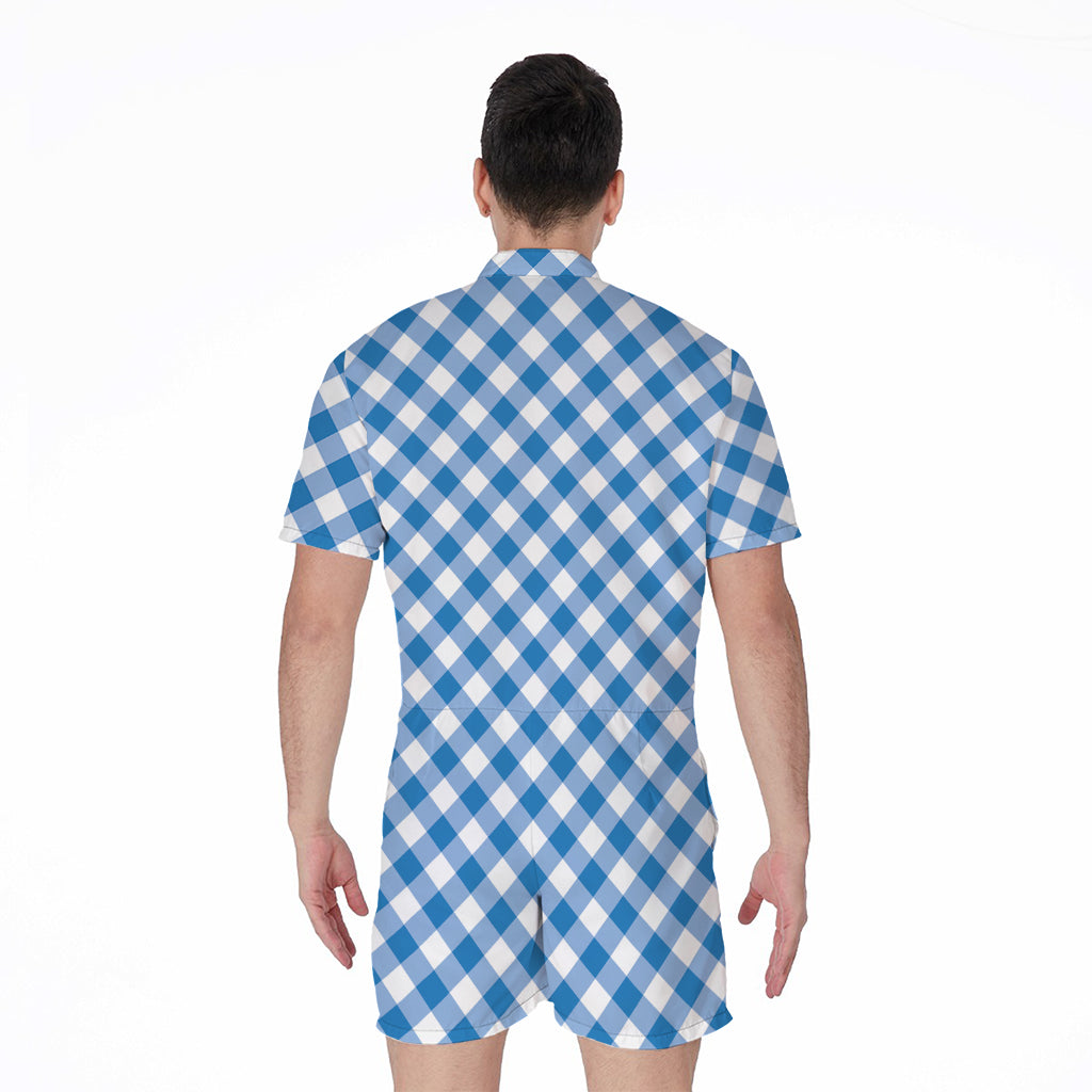 Steel Blue And White Gingham Print Men's Rompers