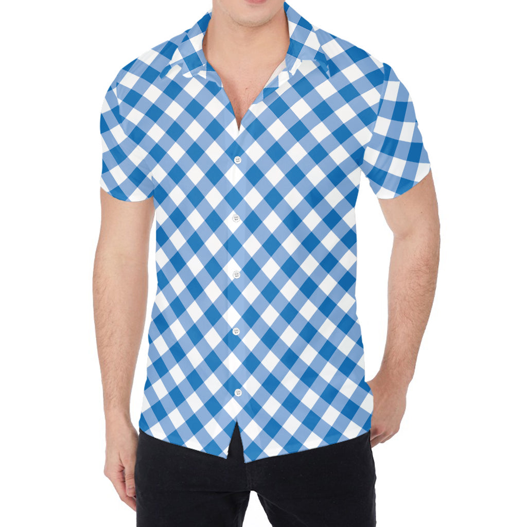 Steel Blue And White Gingham Print Men's Shirt