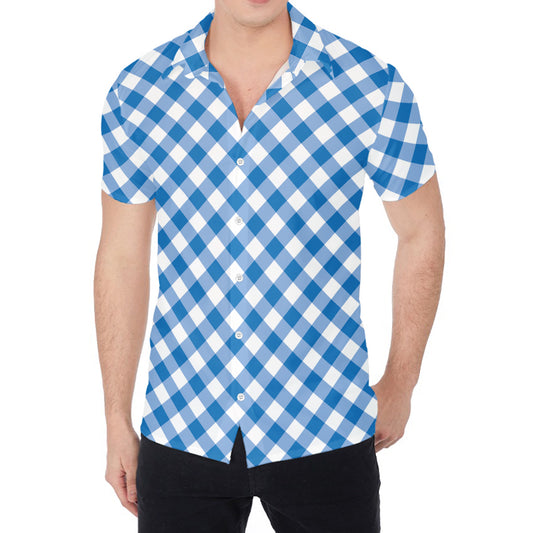 Steel Blue And White Gingham Print Men's Shirt