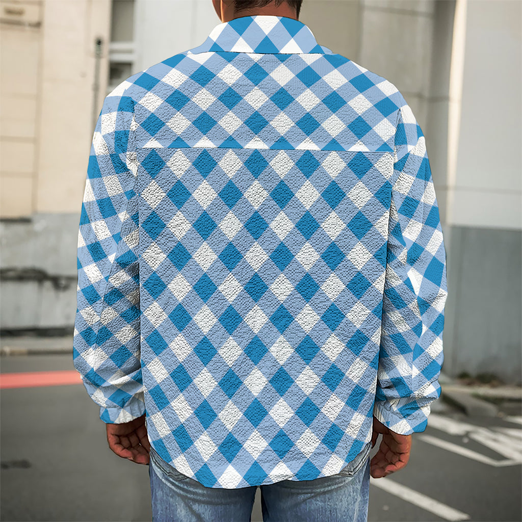 Steel Blue And White Gingham Print Men's Shirt Jacket