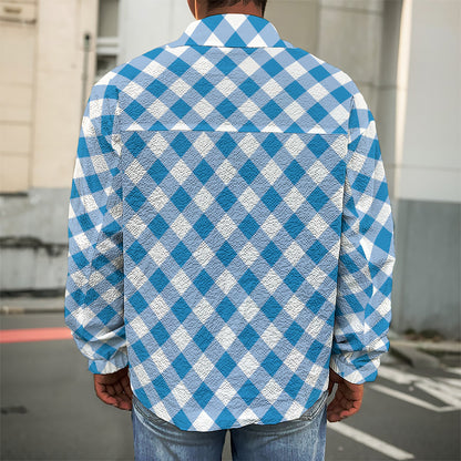 Steel Blue And White Gingham Print Men's Shirt Jacket