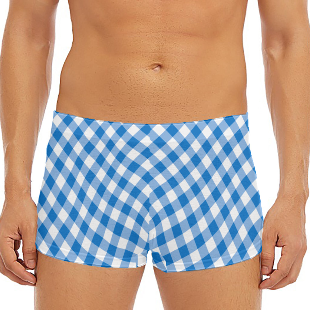 Steel Blue And White Gingham Print Men's Short Boxer Briefs