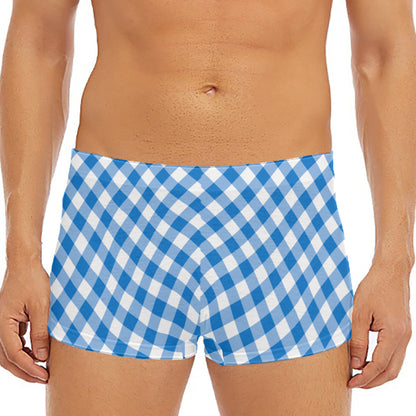 Steel Blue And White Gingham Print Men's Short Boxer Briefs