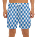 Steel Blue And White Gingham Print Men's Split Running Shorts