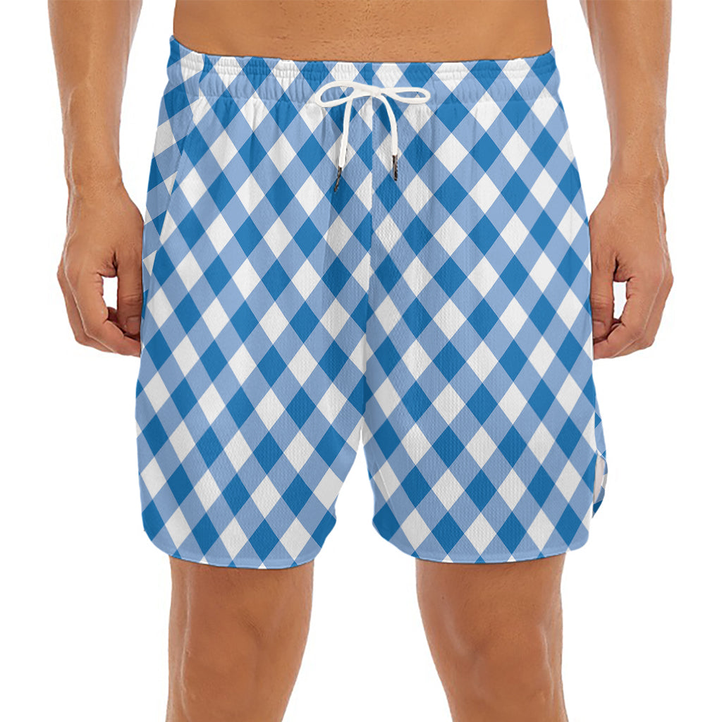 Steel Blue And White Gingham Print Men's Split Running Shorts