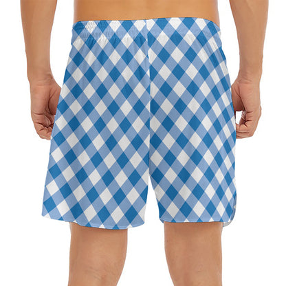 Steel Blue And White Gingham Print Men's Split Running Shorts
