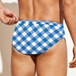 Steel Blue And White Gingham Print Men's Swim Briefs