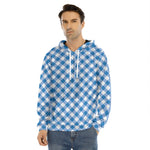 Steel Blue And White Gingham Print Men's Velvet Pullover Hoodie