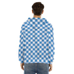 Steel Blue And White Gingham Print Men's Velvet Pullover Hoodie