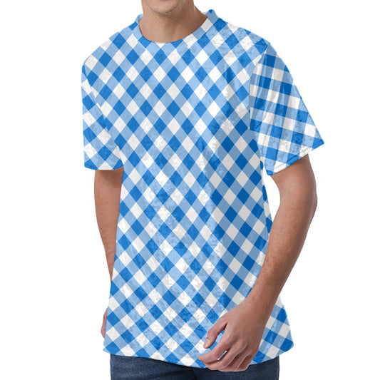 Steel Blue And White Gingham Print Men's Velvet T-Shirt