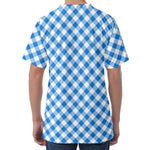 Steel Blue And White Gingham Print Men's Velvet T-Shirt