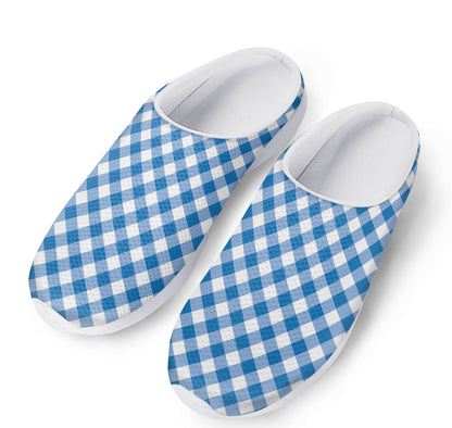 Steel Blue And White Gingham Print Mesh Casual Shoes