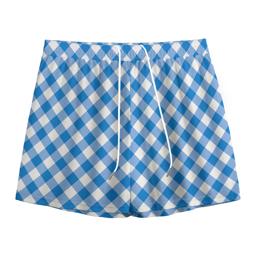 Steel Blue And White Gingham Print Mesh Shorts