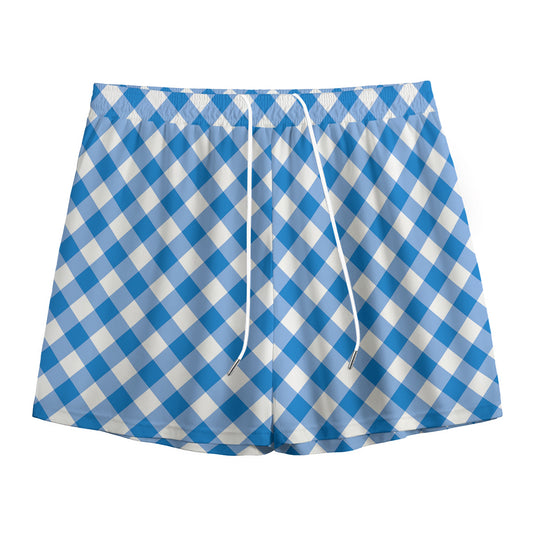 Steel Blue And White Gingham Print Mesh Shorts