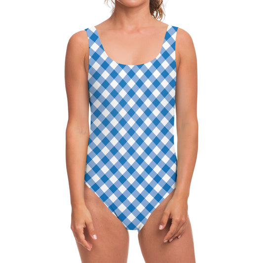 Steel Blue And White Gingham Print One Piece Swimsuit