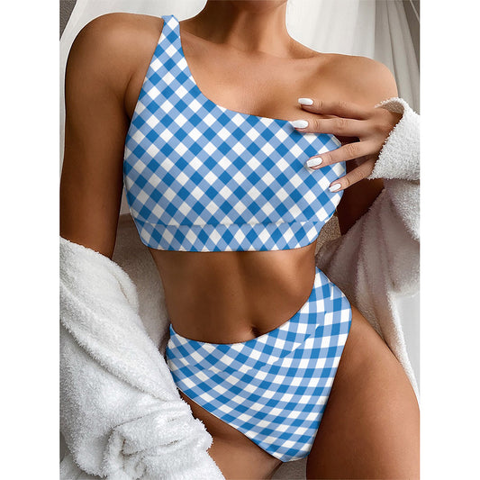 Steel Blue And White Gingham Print One Shoulder Bikini Top
