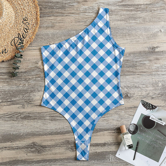 Steel Blue And White Gingham Print One Shoulder Bodysuit