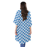 Steel Blue And White Gingham Print Open Front Beach Cover Up