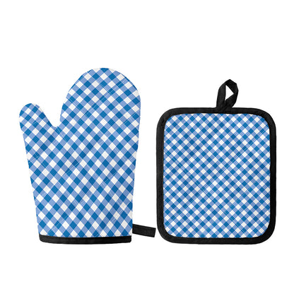 Steel Blue And White Gingham Print Oven Mitt And Pot Holder Set