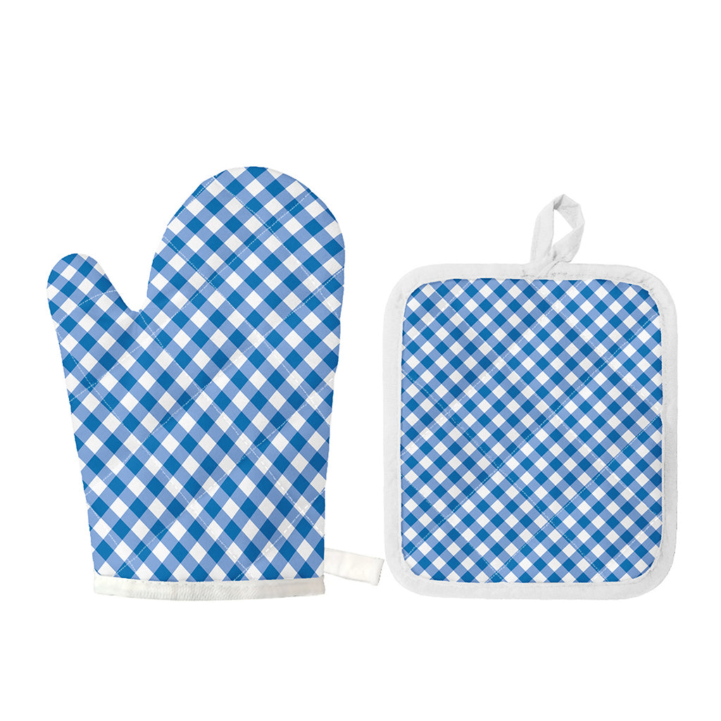 Steel Blue And White Gingham Print Oven Mitt And Pot Holder Set