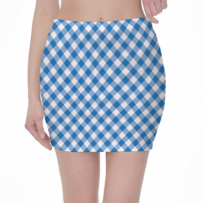 Steel Blue And White Gingham Print Pencil Mini Skirt