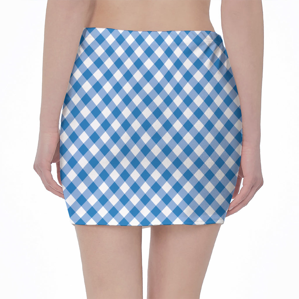 Steel Blue And White Gingham Print Pencil Mini Skirt