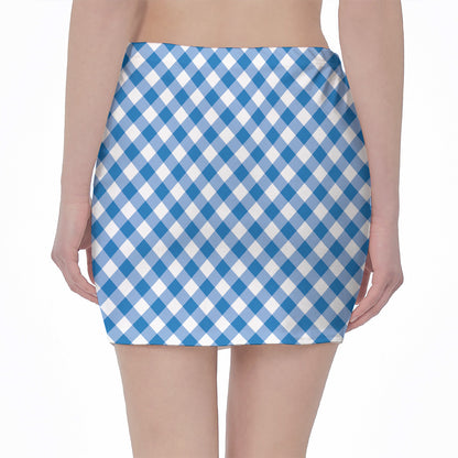 Steel Blue And White Gingham Print Pencil Mini Skirt